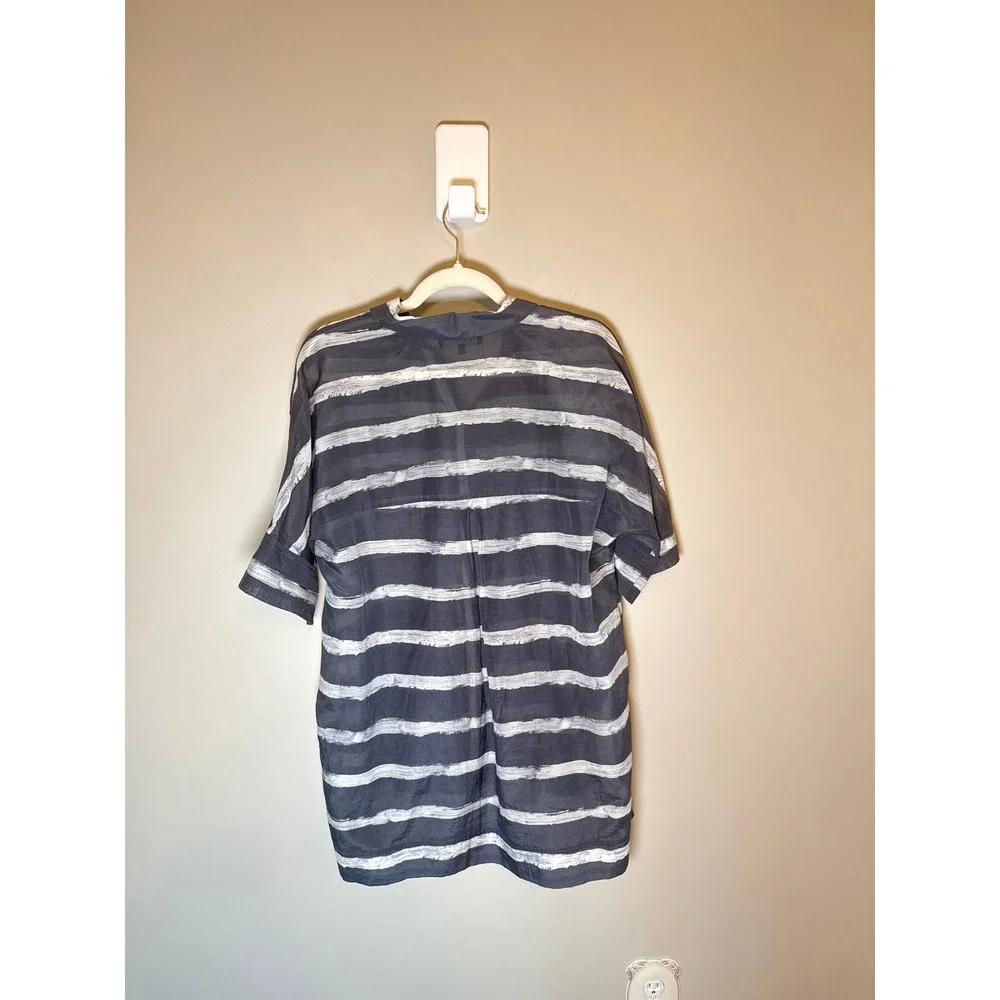 Lafayette 148 New York • Silk‎ Blend Striped Short Sleeve Button Up Shirt Top M - Picture 7 of 8